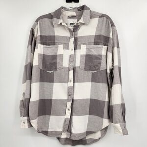 Aerie Lumber Jane Plaid Flannel Shirt Womens Size XS Gray White Oversized